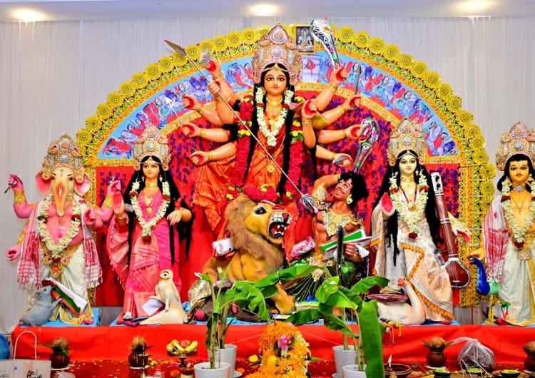 Maa Durga with Lakshmi, Saraswati, Ganesha and Kartikeya at the Assam Association Bangalore Durga Puja, HAL Kalyana Mantapa, 2024
